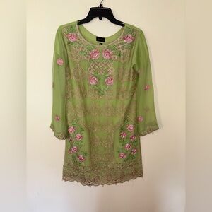 Embroidered Green Dress with Pink Floral Accents With Pants & Scarf